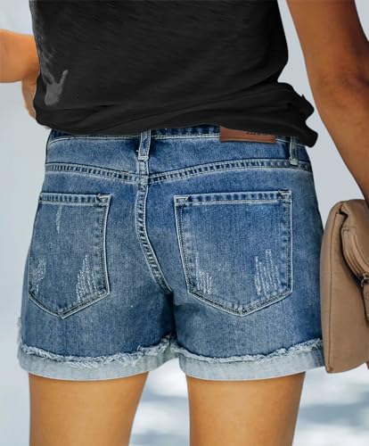 Image of onlypuff Womens Jean Short Cut Off Denim Shorts High Waist Ripped Distressed Stretchy