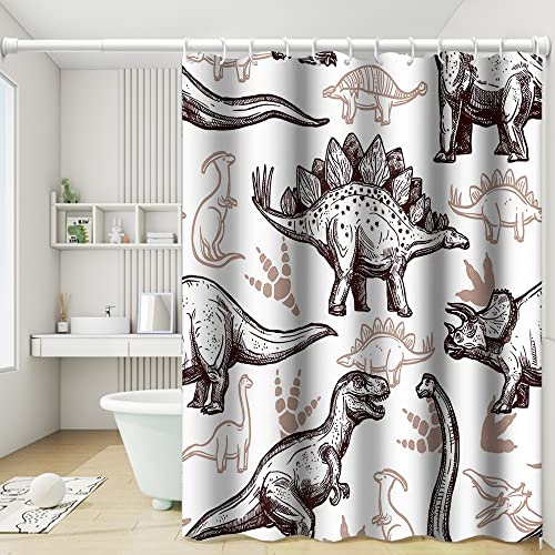 Umpoo Dinosaur World Bathroom Shower Curtain - Various Dinosaurs Sketch Pattern Tan Waterproof Fabric Polyester for Kids Boys Bath Decorative 36x72 Inch