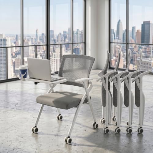 Image of 24 Pcs Folding Training Chairs with Desk Attached, Office Meeting Chair with Writing Tablet & Cup Holder, Space-Saving Nesting Stackable Chairs with wheel for Conference Room,Seminar, Classroom Chair