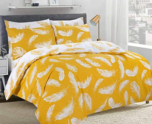 ARI Traders - Juego de Funda de edredón y Funda de Almohada Reversibles, diseño de Plumas, Amarillo Mostaza, Suelto