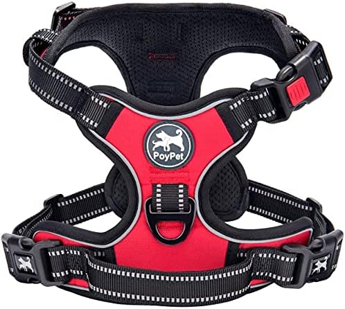 PoyPet Keine Pull Hundegeschirr Front Reflektierende Pet Weste für Hunde mit Einfache Kontrolle Griff und Rückseite perfekt für den täglichen Training, Walken, Running(Rot,XL)