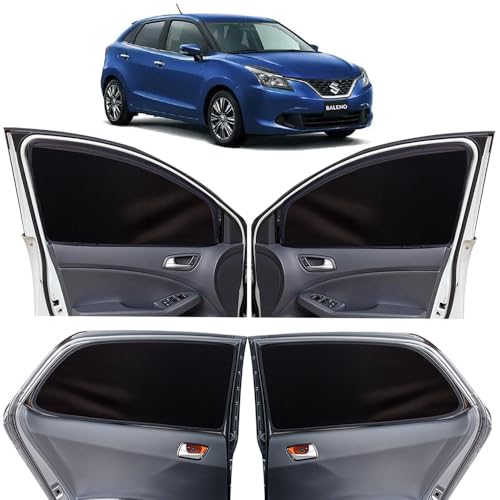 Image of OTO2EYE Car Sun Shade Compatible for Maruti Suzuki Baleno Model 2015 to 2018, Z-Black Super Magnetic Grip, Front Window Zipper, Side Window Curtains, 4 Pieces Set