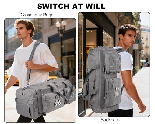Image of LHI 50L Tactical Duffle Bag for Men, 3-in-1 Gym Duffle and Backpack, Shoe Compartment, Laptop Sleeve and MOLLE, Carry-On Travel Weekender and Overnight Bag - Gray
