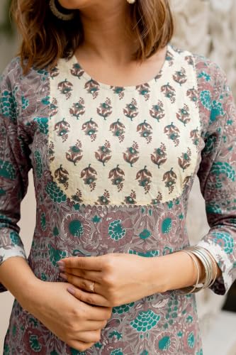 Image of MIRCHI FASHION Women's Straight Fit Pure Cotton Embellished Floral Printed Kurta Set with Dupatta and Trouser