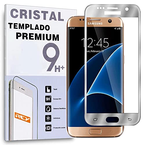 REY Protector de Pantalla Curvo para Samsung Galaxy S7 Edge, Plata, Cristal Vidrio Templado Premium, 3D / 4D / 5D
