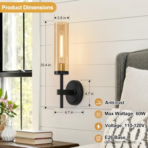 Image of MOKATNG Hardwired Wall Sconces Set of Two, Black and Gold Bathroom Sconces with Amber Glass, Modern Wall Light Fixtures for Bathroom Mirror Vanity, Living Room, Hallway, Stairway, Cabinet, Foyer