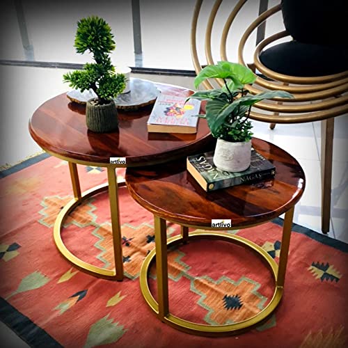 Image of Artlivo Solid Sheesham Wood Round Coffee Table - Set of 2 (22 /17 inch Dia) for Living|Drawing|Bedroom|Office|Balcony|Gift|Diwali|Wedding