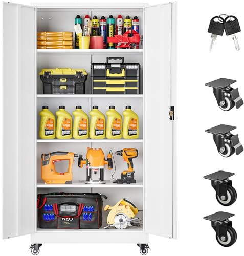 Image of SISESOL 75 inch Tall Metal Storage Cabinet with Wheels,Rolling Garage Storage Cabinet with Lock,White Metal Cabinets with Wheels and Shelves,Tool Cabinets on Roller for Garage,Home,Office,Shop