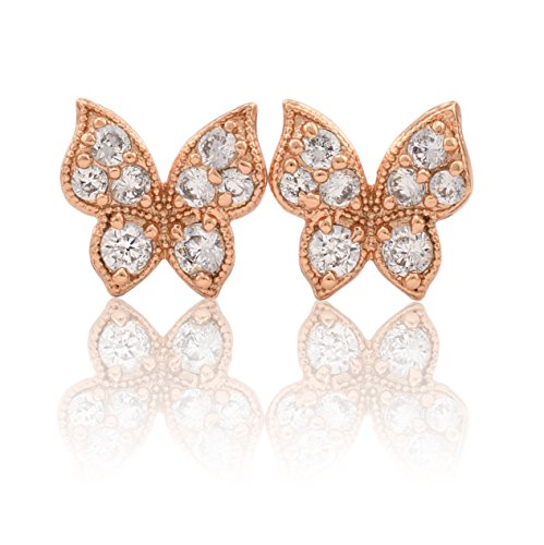 Stud Earrings for Women - Butterfly, CZ Cubic Zirconia 14K Rose Gold Plated