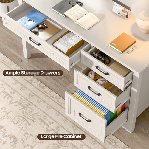Image of Vabches Farmhouse Executive Desk with Storage and Ample File Drawer, Rustic Large Home Writing Desk for Bedroom, Pure White