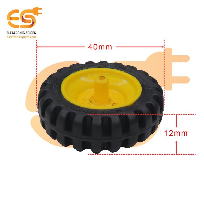 Electronic Spices 40mm x 12mm Yellow Robotics Toy Smart Car Wheel | Durable Plastic Tyre with Grip Pack of 10 Pcs 3