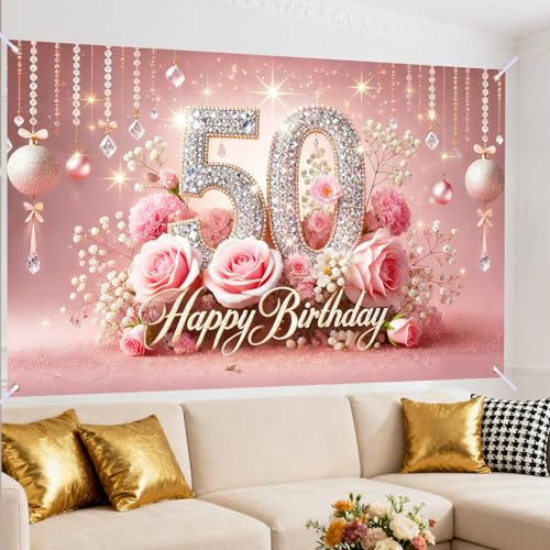 Image of Nuxovilar 50th Birthday Banner - Elegant Pink & Gold Floral Backdrop
