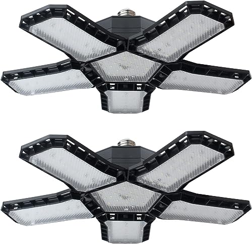 CREATESTAR 2 Piezas Lámpara de Garaje,E27/E26 120W Luz de Taller Deformable con 5 Paneles Ajustables Luz LED para Garaje,12000LM 6500K Luz de Techo LED para Garaje,Granero,Almacén Sótano,Gimnasio