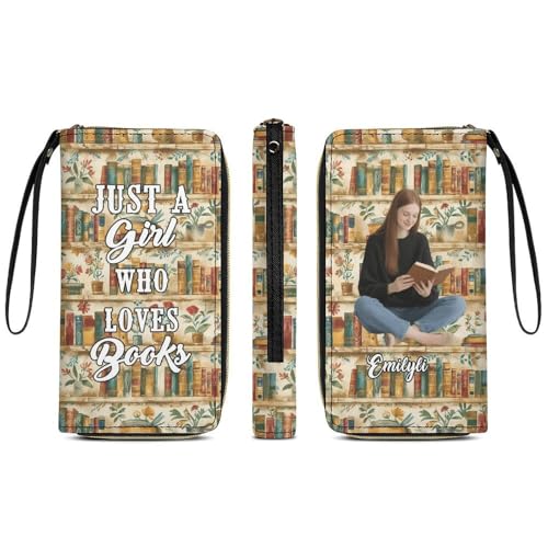 Personalized Just A Girl Who Loves Books Womens Wallet, Custom Name PU Leather Wristlet Wallet with Zipper Coin Pocket, Long Clutch Purse Card Holder Gifts for Bookish Bookworm Readers (Photo 17)