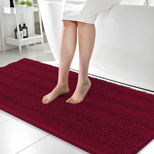 Image of OLANLY Thick Bathroom Runner Rugs 59x24, Absorbent Chenille Striped Bath Rugs, Rubber Backing, Machine Wash, Extra Long Bath Mats for Bathroom Floor, Tub and Shower, Home Decor Accessories, Burgundy