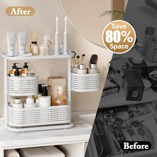 Image of 3-Tier Rotating Bathroom Counter Organizer, Vanity Tray for Makeup & Skincare, Countertop Spice Rack Storage, Space-Saving Shelf for Bathroom, Kitchen, Laundry Room, Baby Bottle Station, White