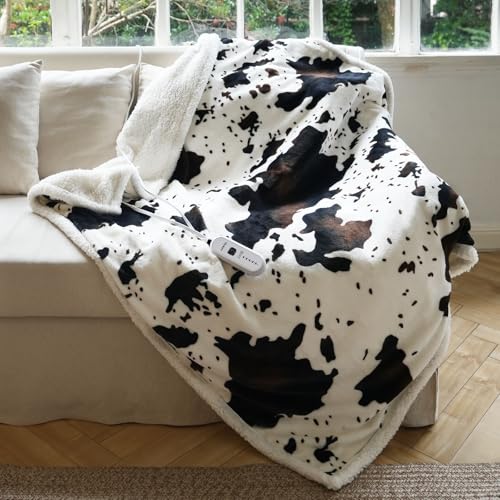 Cow Print Heated Throw Blanket Electric Blanket-Heating Blanket Throw with 5 Heat Levels & 4 Hours Auto-Off, Cozy Soft Fleece Sherpa, Washable, 50 x 60 Inches Cow Print White - Image 3