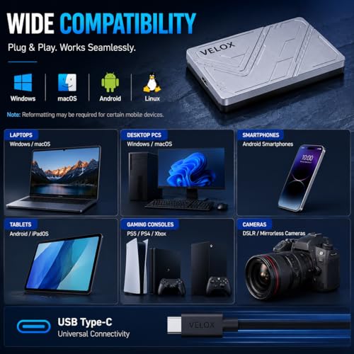 Image of MAYUMI Velox Portable SSD - External Solid State Drive | USB 3.2 Gen 1 Up to 5 Gbps | Type-C OTG Adapter | Plug & Play for Laptop, PC, Android, PS5 /PS4, Xbox, Smart TV (Silver) (256, GB, Velox)