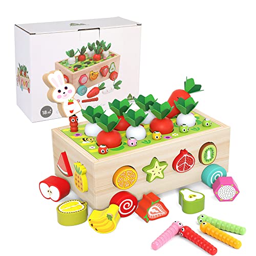 TUYOMA Juguetes educativos para niños, juguete de madera de granja, verduras y frutas, juguete de coche, rábano, succión magnética, insectos, bloques de construcción sensoriales Cover