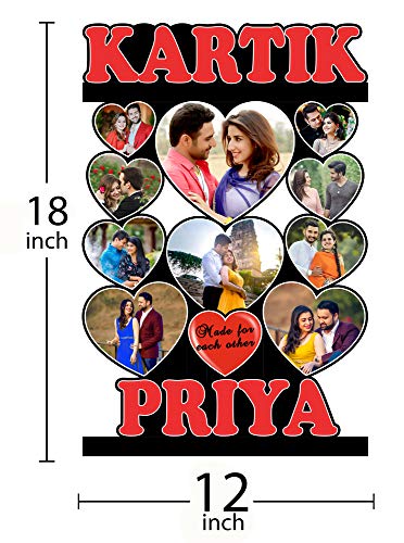 Image of Shrikant Art Personalized inchMade For Each Other inch Multi-Photo Collage Wall Hanging - Large 18x12 Inch Custom Name Wooden Frame with 10 Heart-Shaped Photo Slots for Couples