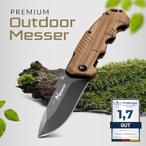 BERGKVIST® K10 Klappmesser (Zweihandmesser) - scharfes Taschenmesser für Outdoor & Survival mit Feuerstahl & Tasche - Mitführen in Deutschland erlaubt - Griff aus Olivenholz