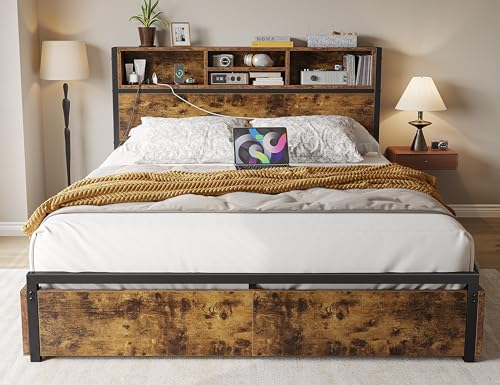 Image of EnHomee Full Bed Frame with 6 Storage Drawers, Charge Station,Noise-Free