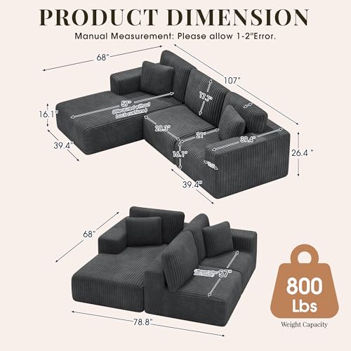 Image of GRUSIGN 107'' Cloud Sectional Boneless Couches for Living Room, Modular L Shaped Couch with Deep Seat Oversized Left Facing Chaise, Memory Foam Compressed Spineless 3 Seater Sofa, Wide-Striped Grey