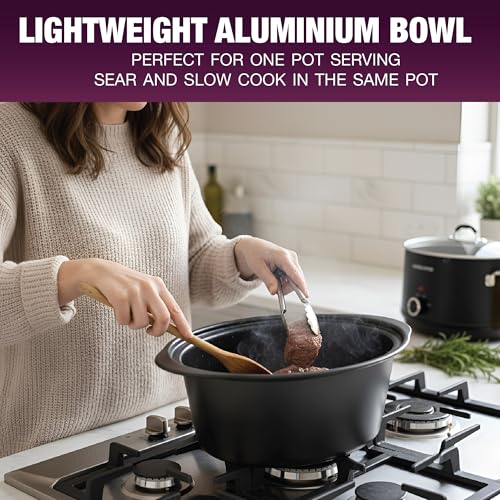 Image of Andrew James 3.5L Slow Cooker - Sear-to-Simmer - Large Hob-Proof Aluminium Pot, Shatter-Resistant & Easy-Clean Design 3 Heat Settings & Glass Lid, Ideal for Family Meals (Matt Black)