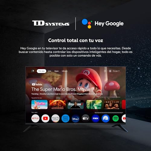 Control total del Smart TV TD Systems con Hey Google, utilizando comandos de voz para acceder a diversas funciones
