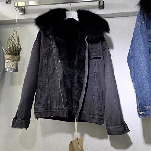 ZXCL Ropa de Invierno de Las Mujeres algodón Vintage Grueso Abrigo de Mezclilla cálido Mujer Chaqueta de Mezclilla granizada Collar de Piel Suelta más Terciopelo Jean Parkas-Black,XL Cover