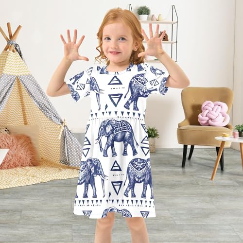 Girls Short Sleeve Dress Toddler Kids Summer Sundress Tribal Elephant Print Playwear Casual Outfits, 2T4
