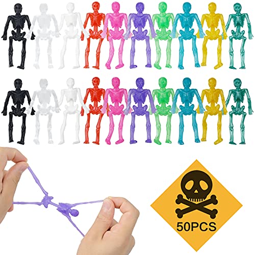 QBSM 50 Stretchy Skeleton Skull Toys, 10 Colors Bulk Set Stretchy Skeleton Toys for Kids, Happy Halloween Goody Bag Fillers, Halloween Sticky Toys for Kids, Boys & Girls