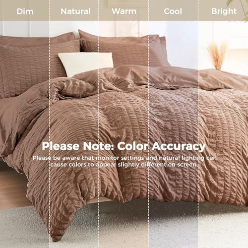 Image of HYMOKEGE Mocha Mousse Full Size Comforter Sets Seersucker 7 Pieces, All Season Luxury Bed in a Bag for Bedroom, Bedding Set with Comforter, Sheets, Pillowcases & Shams