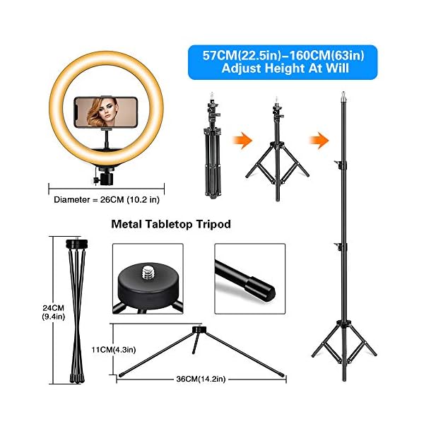 Plartree Ringlicht mit Stativ,10.2'' Selfie Ringleuchte mit 2 Telefonhalter 2 Fernbedienungen und Tischstativ, 3 Modus… – Bild 6
