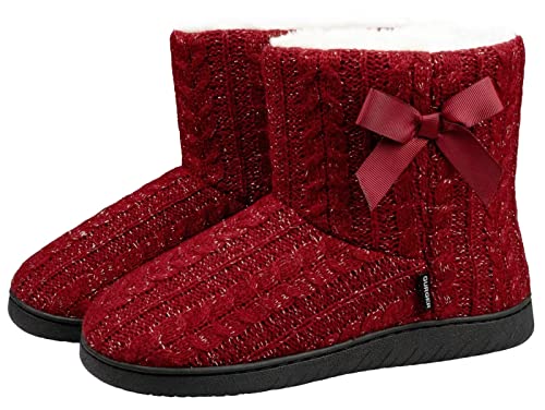 BUGUKI Booties Slippers Women Winter Knit Slipper Boots Ladies Ankle Fur Lined Memory Foam House Shoes Indoor Outdoor Red 37 38