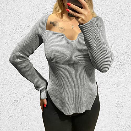 Image of Women's Square Neck Ribbed Knitted Sweater Long Sleeve Crop Slim Fitted Basic Pullover Tops