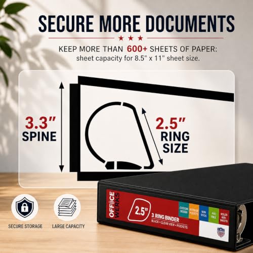 Image of 3 Ring Binder, 2.5 inch Professional Angle D-Rings, Presentation Folder for Standard Pages with Inside Pockets, Customizable Clear View Black Binder