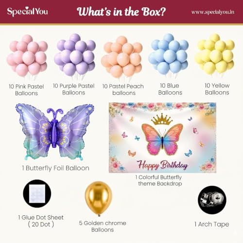 Image of SpecialYou.in Rubber Butterfly Theme Birthday Decoration Kit For Baby Girl, Pastel Balloons Decoration Kit With Multicolor Backdrop, Birthday Decor Items For Kids' Party- 59 Pcs