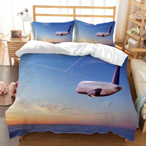 Funda Nordica Cama 105 Avión Ropa de Cama Vuelo Microfibra Suav Funda Edredon 200x200, Funda Nórdica Aviación y 2 Funda de Almohada 50x80 cm, e6139