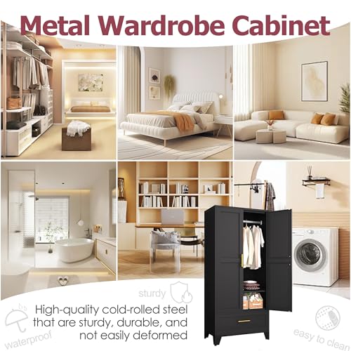 Image of GAIOUS Metal Armoire Wardrobe Closet Cabinet with 2 Doors and Drawer, 71 inch