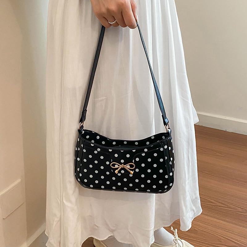 Borsa a tracolla da donna in poliuretano, stile retrò, a pois, con | EcoGleam Borsa a tracolla in poliuretano, stile retrò, a pois, con tasca, fiocco, tracolla imbottita, grande capacità