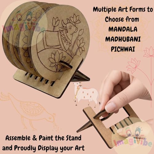 Image of ImagiVibe 3-in-1 Premium Coaster Painting Kit for Kids & Adults | DIY Mandala, Madhubani & Pichwai Art | 6 Pre-Marked Wooden 4 Inch MDF Coasters with Stand | Creative Art & Craft Activity | Gift