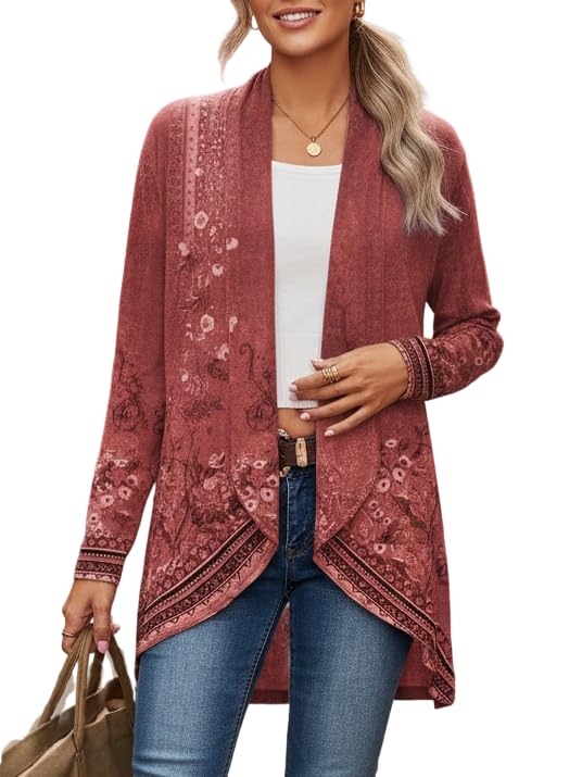 Womens Casual Fall Boho Floral Cardigan Long Sleeve Open Front Vintage Jacket Lightweight Cover Up Vintage Outerwear