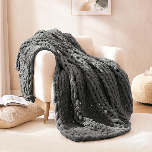 WRENSONGE Chunky Knit Blanket Throw Dark Grey Large Soft Fluffy Cable Knit Crochet Throw 100% Hand...