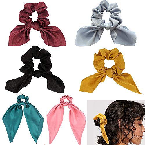 Hair Bow Scrunchies, Satin Scarf Hair Scrunchies Chiffon Elastic Hair Ties Ropes Soft Hair Bands Hair Bow Ponytail Holder for Girls Women (6 Solid Colors)