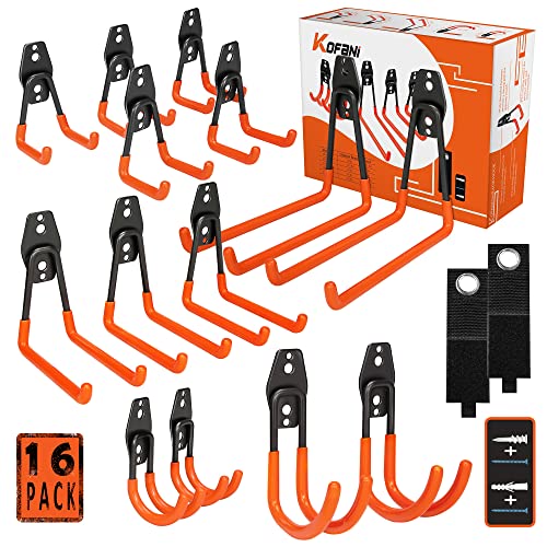 KOFANI Heavy Duty Steel Hooks, 16 Pack with Anti-Slip Coating - Utility Wall Mount Garage Storage for Hanging Bike, Ladder and Garden Tools
