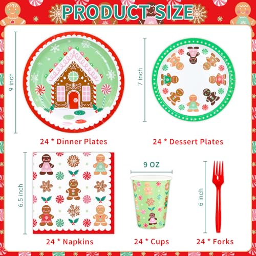 Christmas Party Supplies, Christmas Gingerbread Party Disposable Napkins, Dinner Plates, Dessert Plates, Cups and Forks Tableware Set for Merry Christmas Party Winter Holiday Decorations, Serve 24 – Image 3