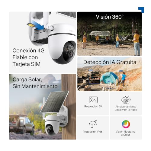 Miniatura 4 de Tapo C615G Kit - Cámara vigilancia WiFi Exterior 360°, 4G y WiFi, 2K, Solar | Detección de Movimiento, Personas, Mascotas y Vehículos. Con Panel Solar. Alarma Luz y Sonido. App Tapo.