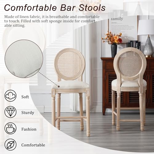 Butacos de estilo francés, juego de 4, altura 26 pulgadas, estructura de madera maciza y asiento tapizado en lino, diseño rústico y elegante, ideal para isla de cocina o comedor (Beige) miniatura 3