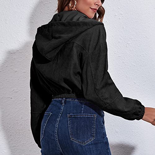 Lu's Chic Women's Hoodie Jacket Zip Up Cropped Tops Long Sleeve Hood Corduroy Coat Zipper2